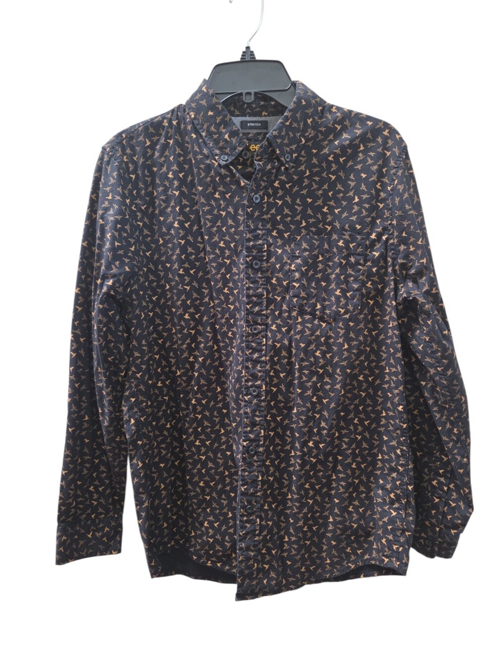 Lee Bird Print Long Sleeve Button Down Shirt Size M Black Stretch Regular Fit
